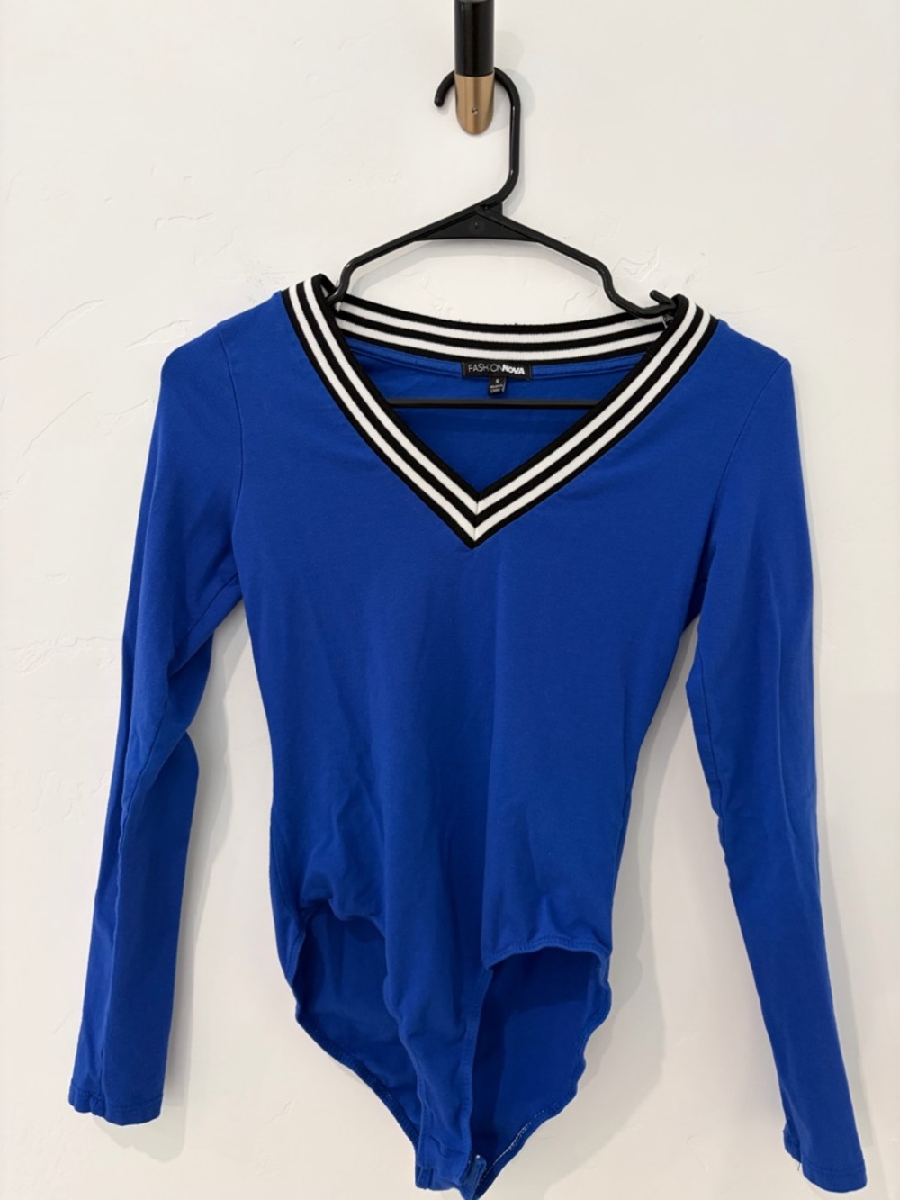 Fashion Nova Blue Long Sleeve Bodysuit V Neck Striped Trim Fitted Top